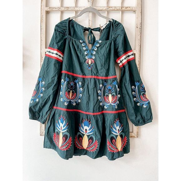NWT Anthropologie Let Me Be Green Embroidered Mini Tunic Dress Long Sleeves - Picture 5 of 9